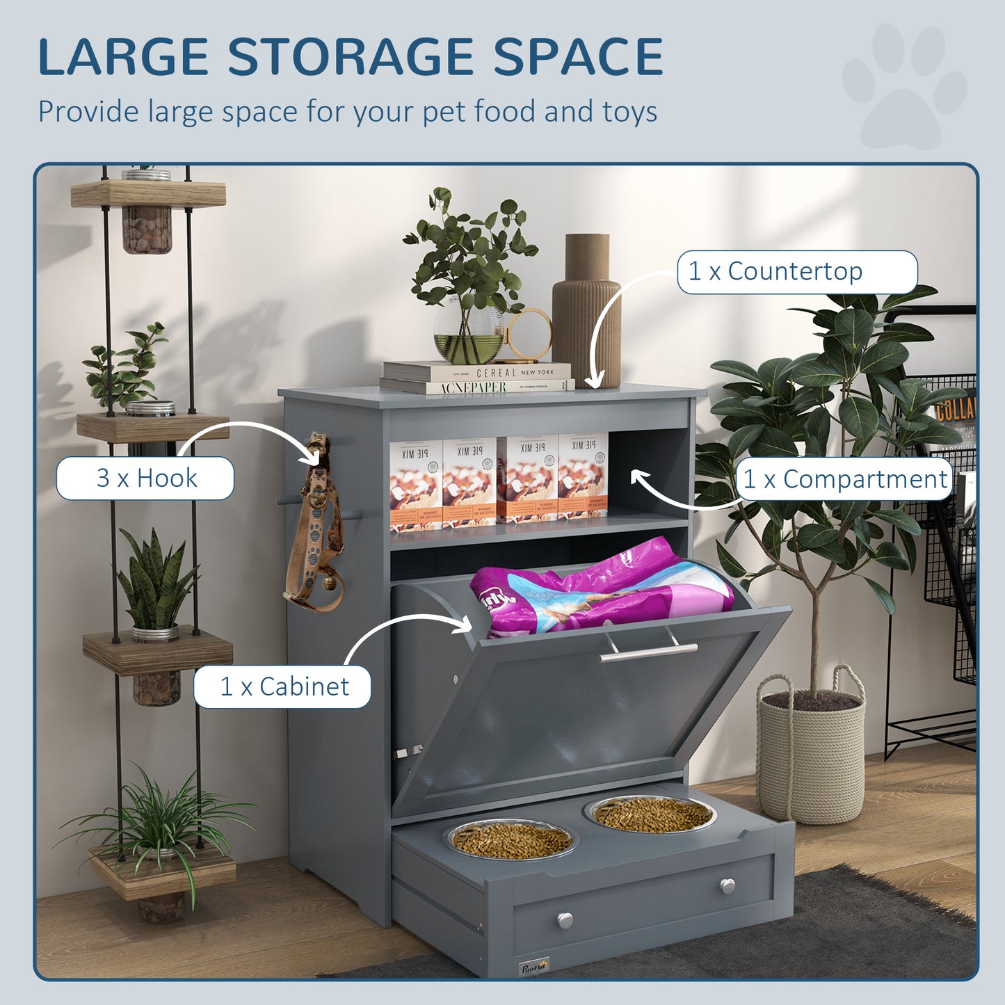 Pet Feeding Station Cabinet with Storage & Pull-Out Bowls
