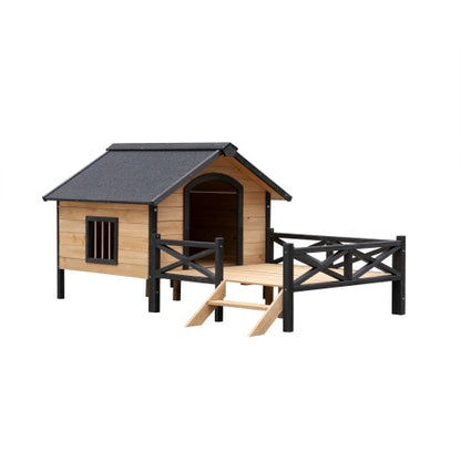 Cabin-Style Wooden Dog House with Porch for Large Dogs