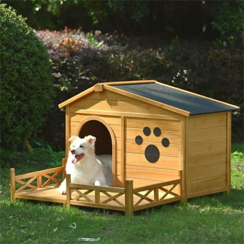 48" Wooden Dog House with Porch – Weather-Resistant Outdoor & Indoor Kennel, HandMade Natural Finish