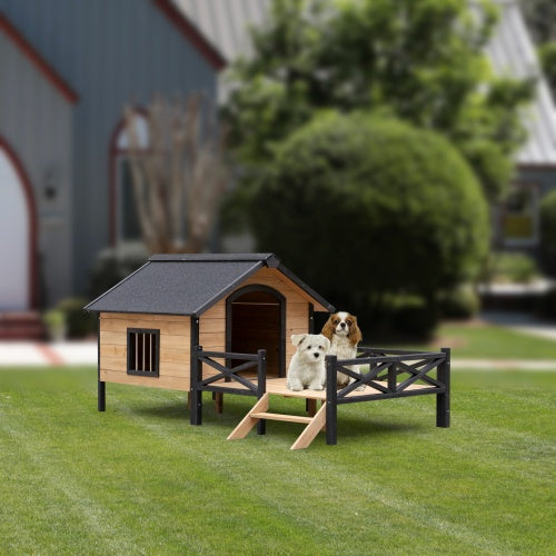 Cabin-Style Wooden Dog House with Porch for Large Dogs