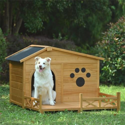 48" Wooden Dog House with Porch – Weather-Resistant Outdoor & Indoor Kennel, HandMade Natural Finish