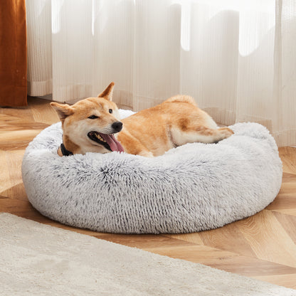 Round Plush Faux Fur Cat Bed, 24" – Anti-Slip, Cozy Pet Bed