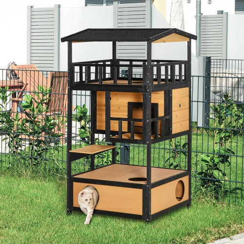Premium Wooden Outdoor Cat House & Cat Activity Tower