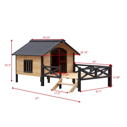 Cabin-Style Wooden Dog House with Porch for Large Dogs