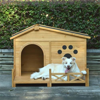 48" Wooden Dog House with Porch – Weather-Resistant Outdoor & Indoor Kennel, HandMade Natural Finish