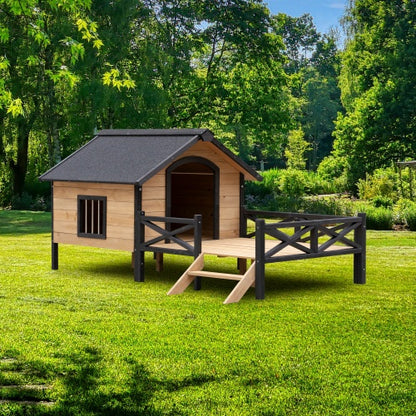 Cabin-Style Wooden Dog House with Porch for Large Dogs