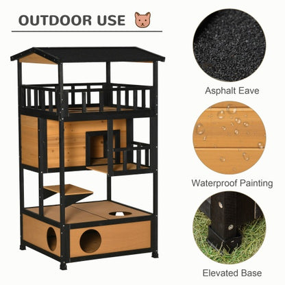 Premium Wooden Outdoor Cat House & Cat Activity Tower