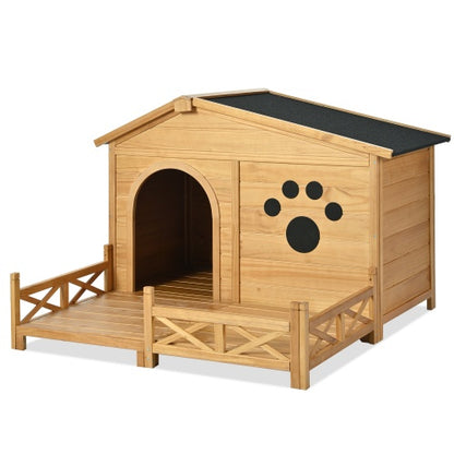 48" Wooden Dog House with Porch – Weather-Resistant Outdoor & Indoor Kennel, HandMade Natural Finish