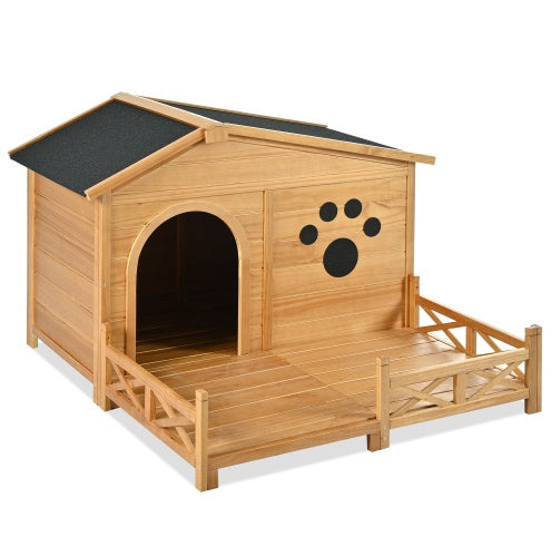 48" Wooden Dog House with Porch – Weather-Resistant Outdoor & Indoor Kennel, HandMade Natural Finish