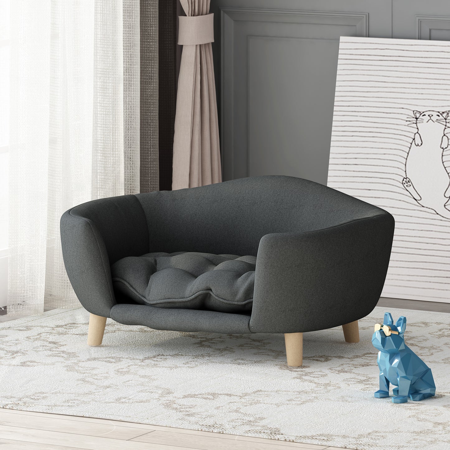 Mid-Century Modern Small Dog Bed with Tufted Cushion