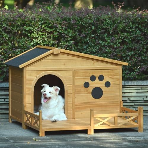 48" Wooden Dog House with Porch – Weather-Resistant Outdoor & Indoor Kennel, HandMade Natural Finish