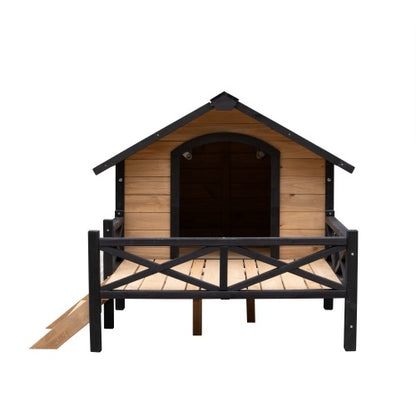 Cabin-Style Wooden Dog House with Porch for Large Dogs