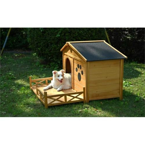 48" Wooden Dog House with Porch – Weather-Resistant Outdoor & Indoor Kennel, HandMade Natural Finish